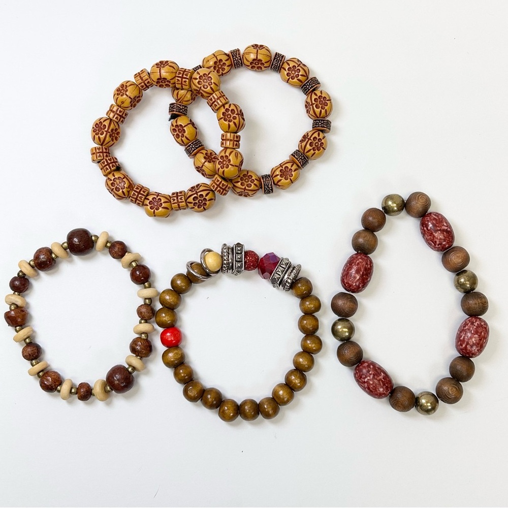 Artisan Wooden Beaded Stretch Bracelet Collection Metal plastic accent beads